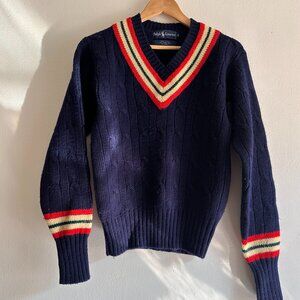 Vintage Ralph Lauren Navy Wool Cableknit Tennis Sweater - Sz M